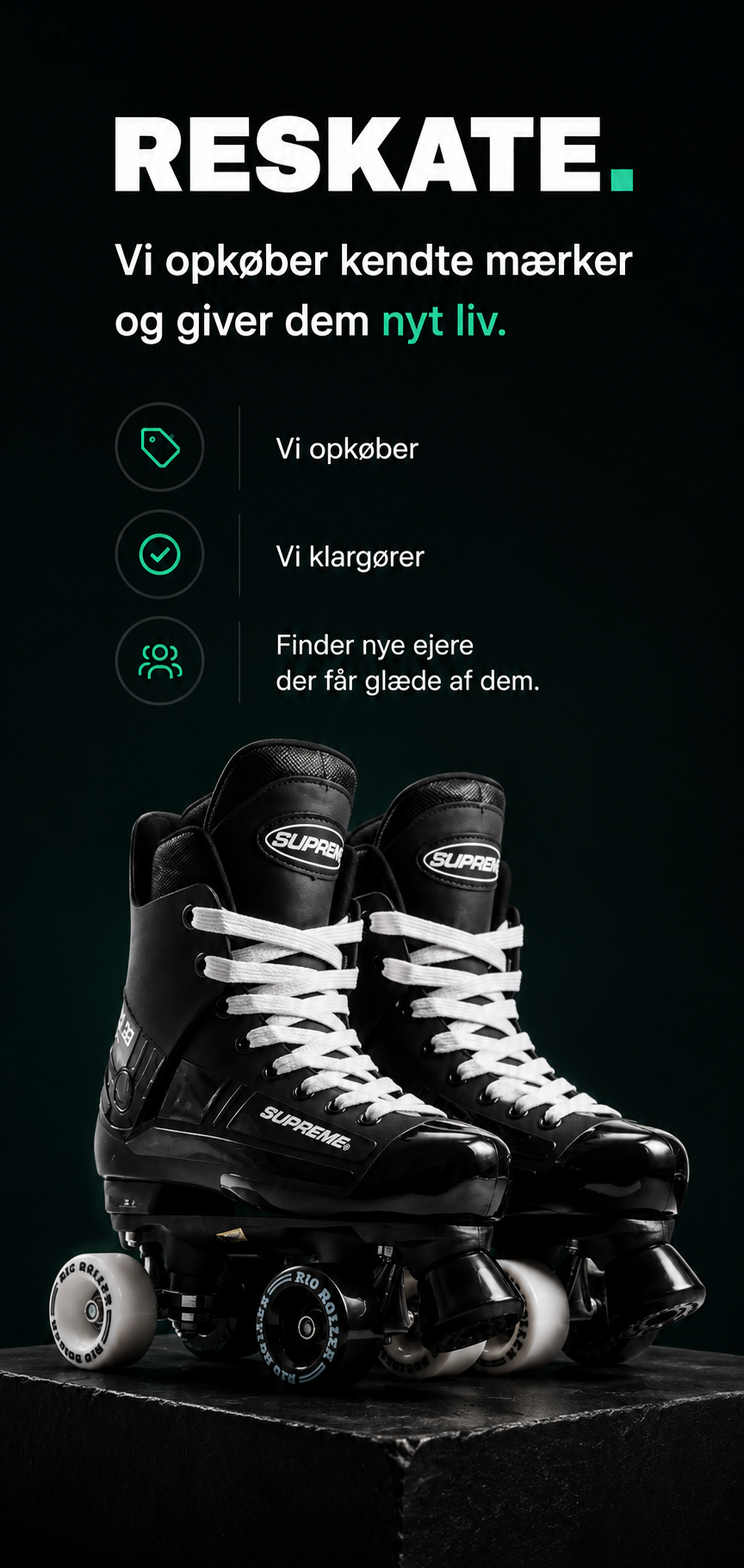 Reskate — Vi opkøber kendte mærker og giver dem nyt liv. Restaurerede Supreme rulleskøjter.